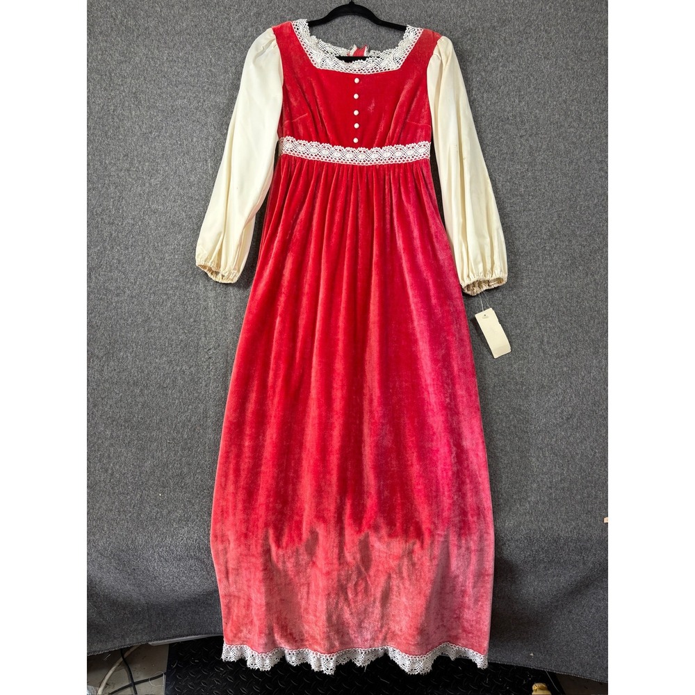 NWT Vintage Cottagecore Peasant Red Velvet Lace Empire Waist Maxi Dress Size 9